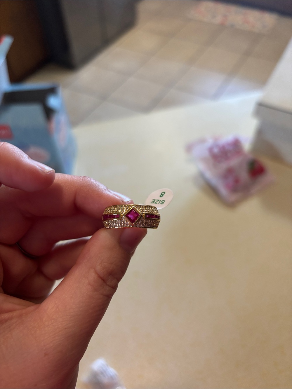 Gold-Tone Pink Gemstone Pavé Stack Ring